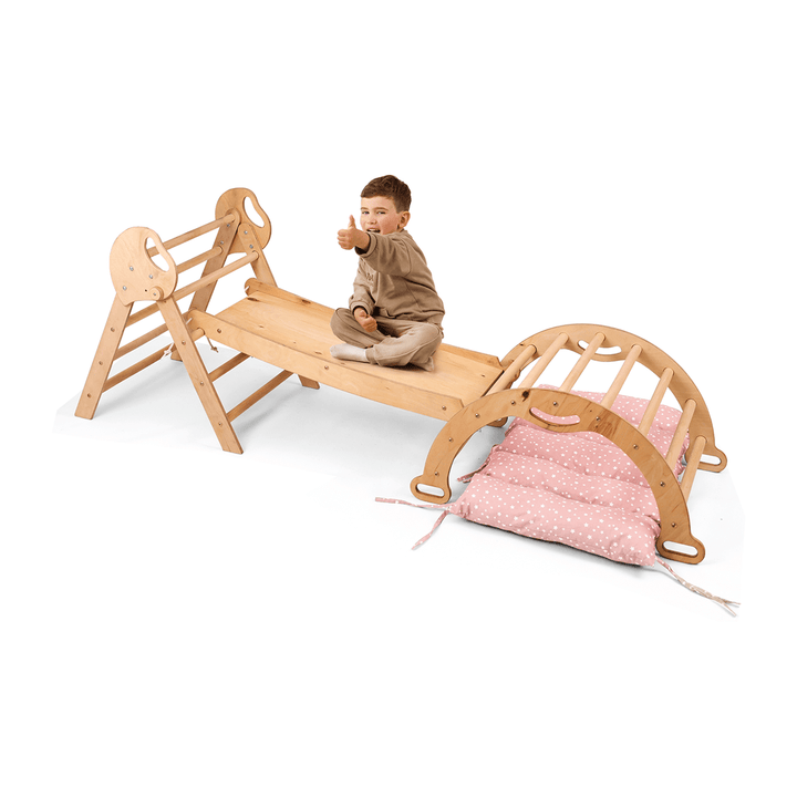 Set de Escalada 4 en 1 para Niños Pequeños: Escalera Triangular + Arco/Rocker + Tobogán/Rampa + Cojín