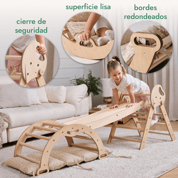 Set de Escalada 4 en 1 para Niños Pequeños: Escalera Triangular + Arco/Rocker + Tobogán/Rampa + Cojín