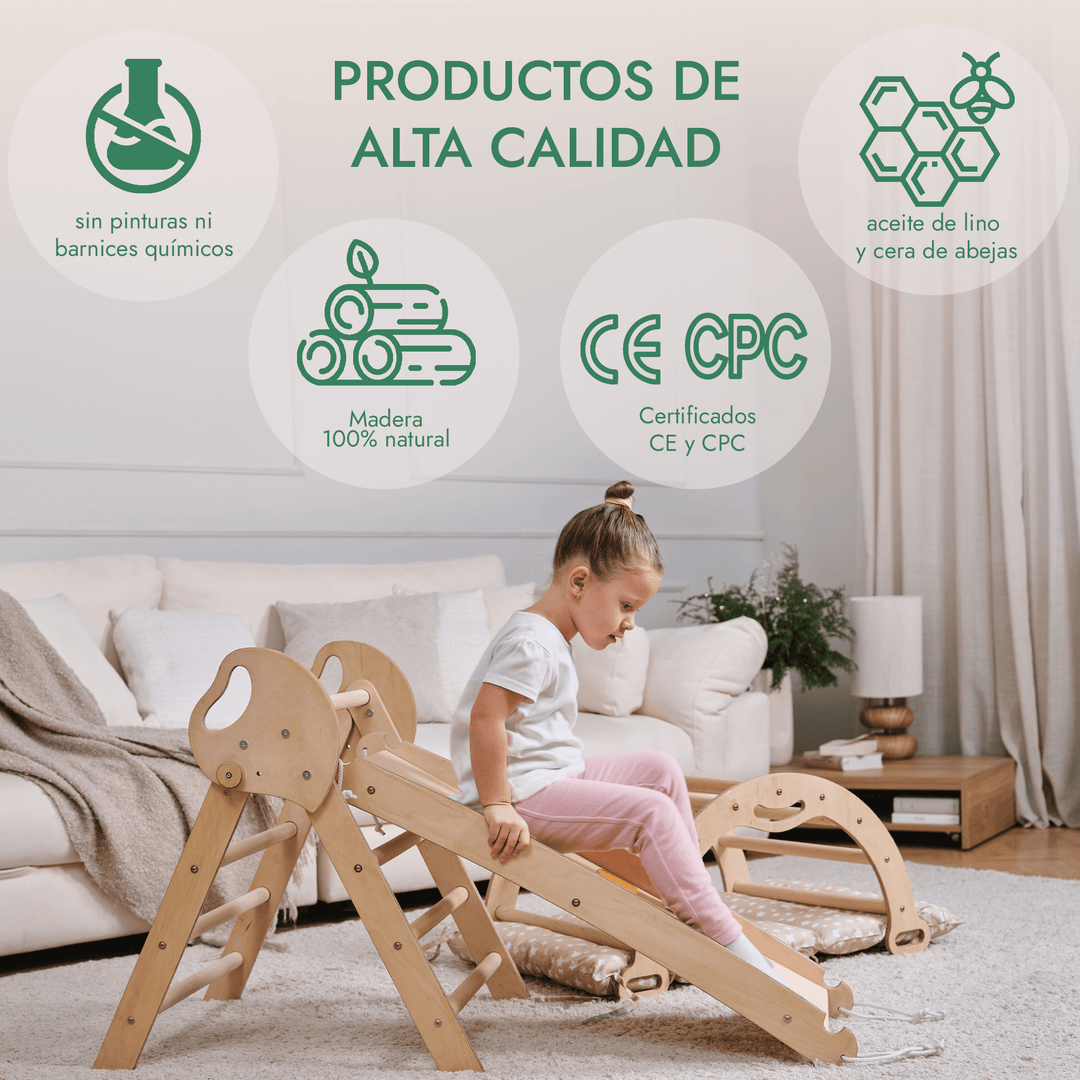 Set de Escalada 4 en 1 para Niños Pequeños: Escalera Triangular + Arco/Rocker + Tobogán/Rampa + Cojín