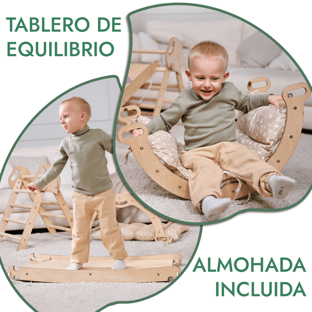 Set de Escalada 4 en 1 para Niños Pequeños: Escalera Triangular + Arco/Rocker + Tobogán/Rampa + Cojín