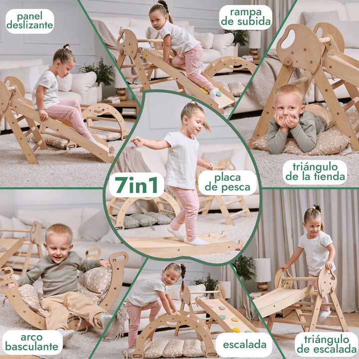 Set de Escalada 4 en 1 para Niños Pequeños: Escalera Triangular + Arco/Rocker + Tobogán/Rampa + Cojín