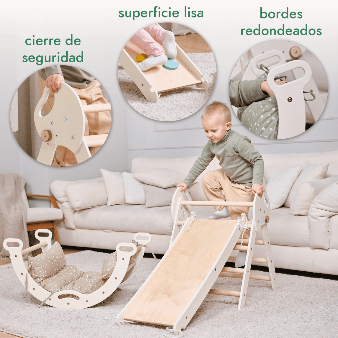 Set de Escalada 4 en 1 para Niños Pequeños: Escalera Triangular + Arco/Rocker + Tobogán/Rampa + Cojín