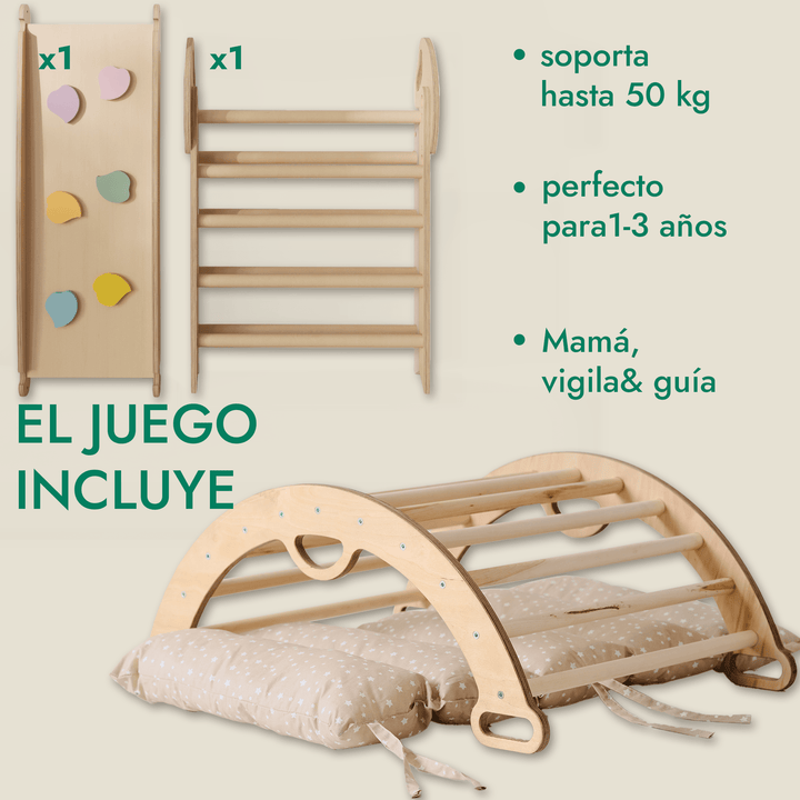 Set de Escalada 4 en 1 para Niños Pequeños: Escalera Triangular + Arco/Rocker + Tobogán/Rampa + Cojín