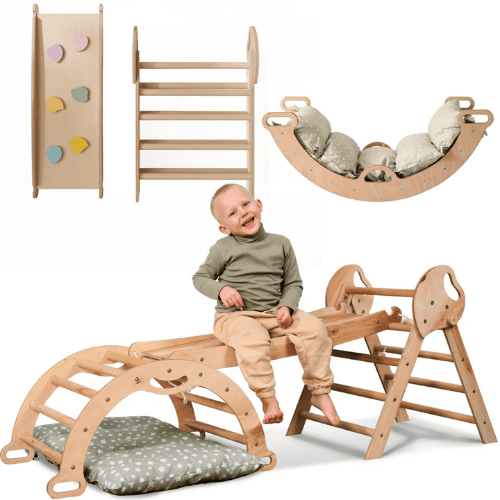 Set de Escalada 4 en 1 para Niños Pequeños: Escalera Triangular + Arco/Rocker + Tobogán/Rampa + Cojín
