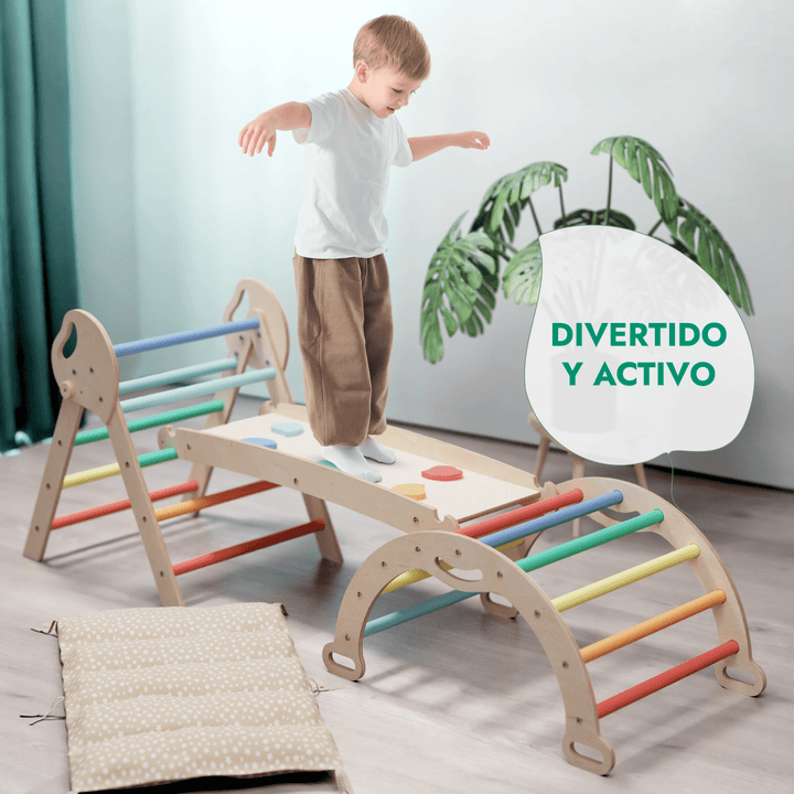 Set de Escalada 4 en 1 para Niños Pequeños: Escalera Triangular + Arco/Rocker + Tobogán/Rampa + Cojín - Arcoíris