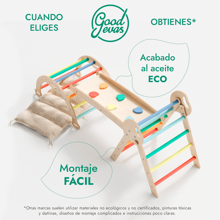 Set de Escalada 4 en 1 para Niños Pequeños: Escalera Triangular + Arco/Rocker + Tobogán/Rampa + Cojín - Arcoíris