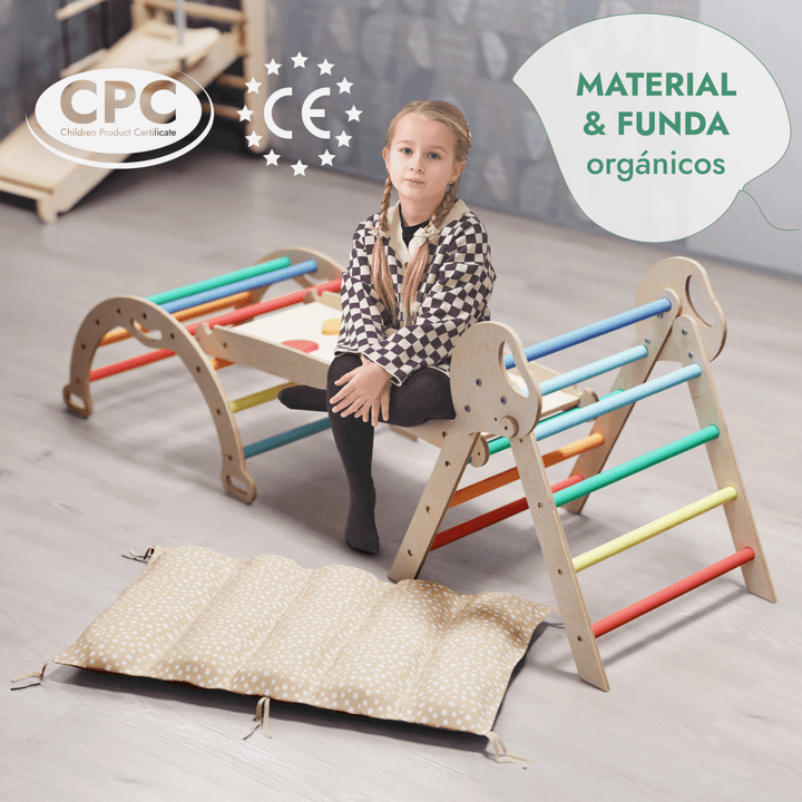 Set de Escalada 4 en 1 para Niños Pequeños: Escalera Triangular + Arco/Rocker + Tobogán/Rampa + Cojín - Arcoíris