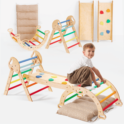 Set de Escalada 4 en 1 para Niños Pequeños: Escalera Triangular + Arco/Rocker + Tobogán/Rampa + Cojín - Arcoíris