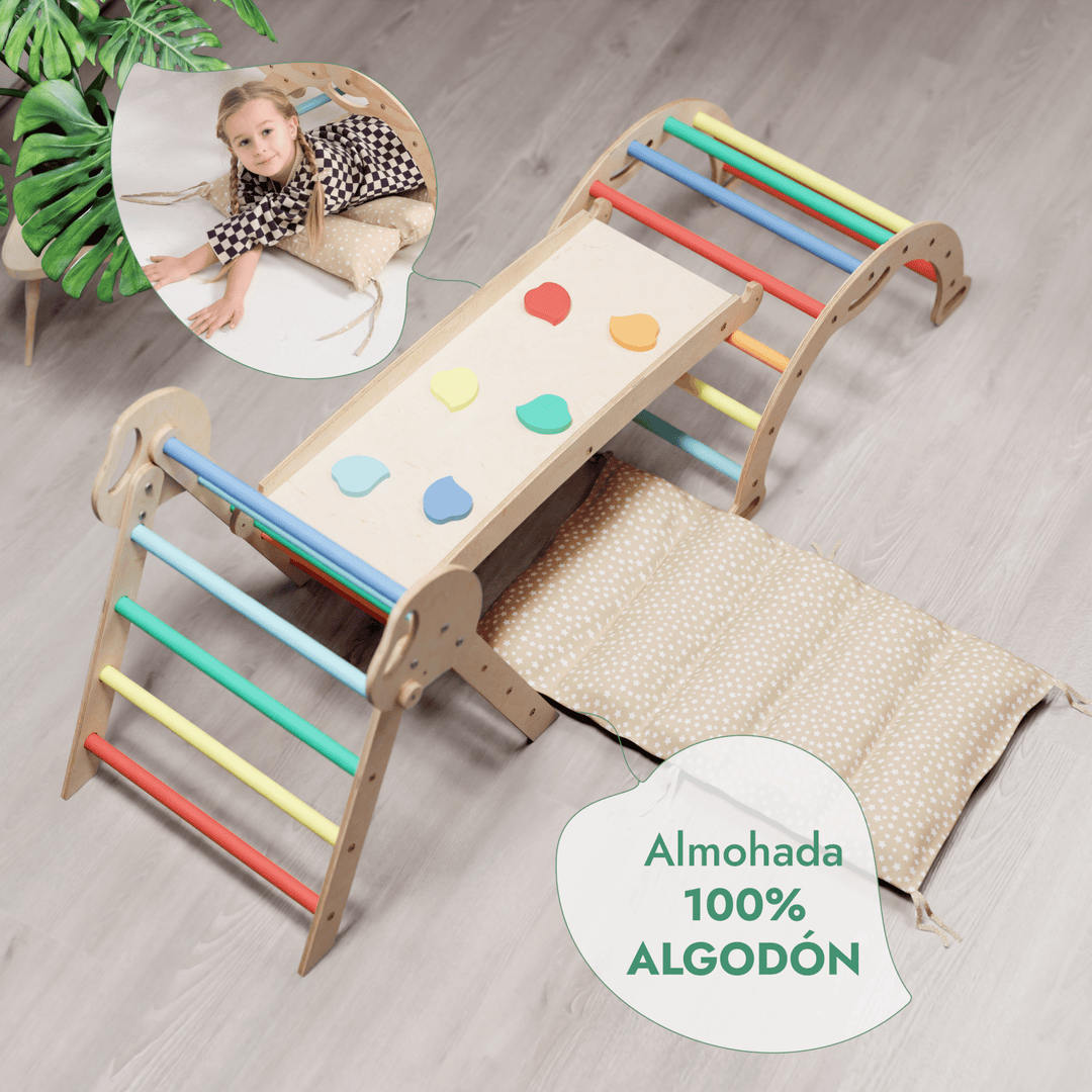 Set de Escalada 4 en 1 para Niños Pequeños: Escalera Triangular + Arco/Rocker + Tobogán/Rampa + Cojín - Arcoíris