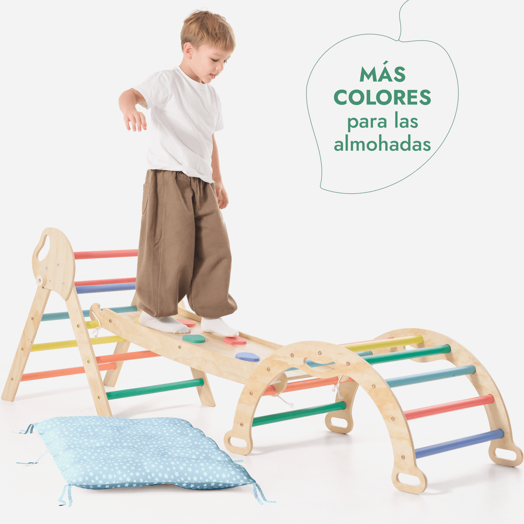 Set de Escalada 4 en 1 para Niños Pequeños: Escalera Triangular + Arco/Rocker + Tobogán/Rampa + Cojín - Arcoíris