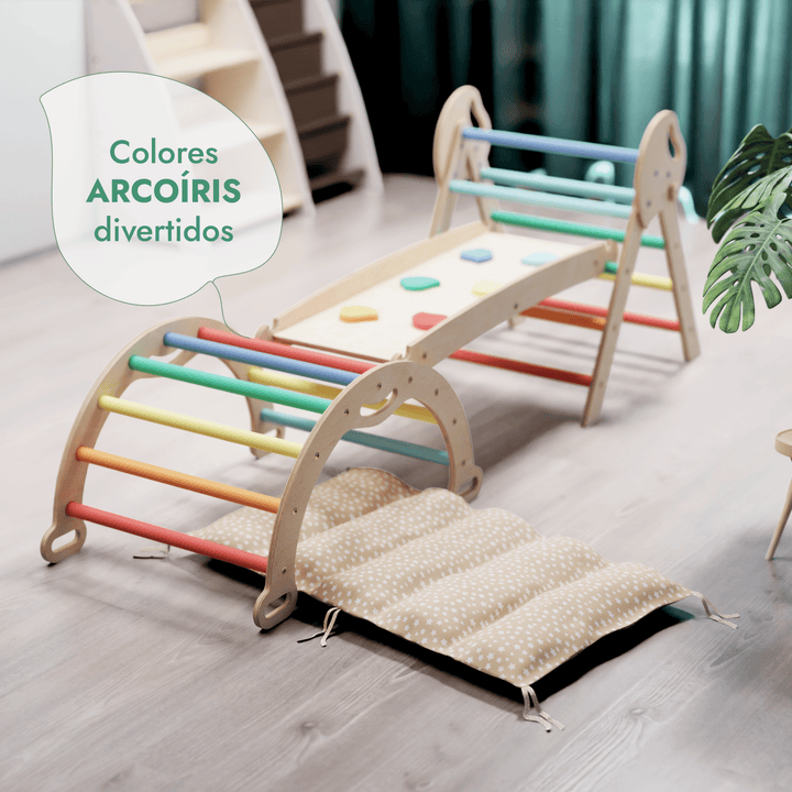 Set de Escalada 4 en 1 para Niños Pequeños: Escalera Triangular + Arco/Rocker + Tobogán/Rampa + Cojín - Arcoíris