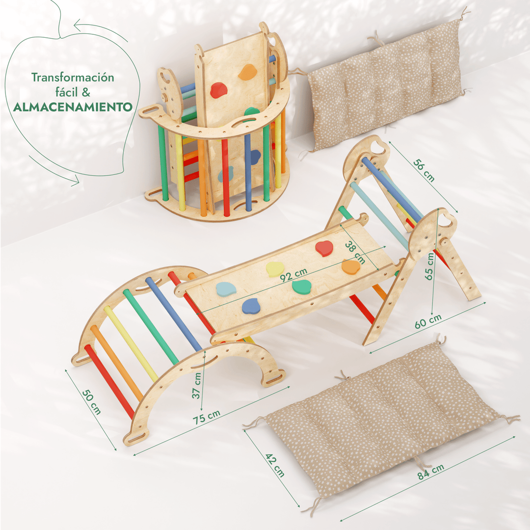 Set de Escalada 4 en 1 para Niños Pequeños: Escalera Triangular + Arco/Rocker + Tobogán/Rampa + Cojín - Arcoíris