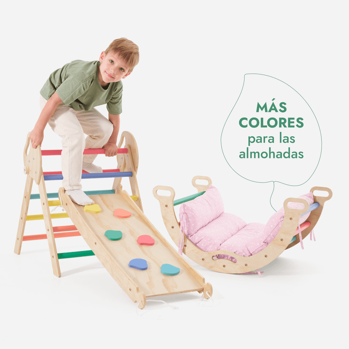 Set de Escalada 4 en 1 para Niños Pequeños: Escalera Triangular + Arco/Rocker + Tobogán/Rampa + Cojín - Arcoíris
