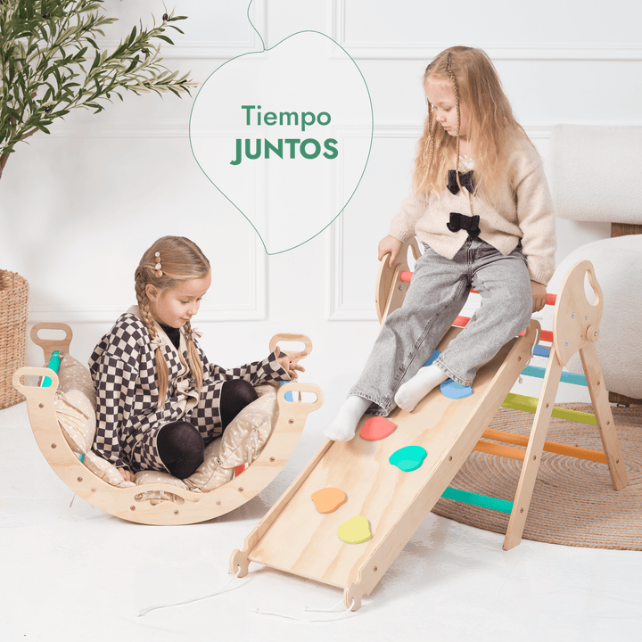 Set de Escalada 4 en 1 para Niños Pequeños: Escalera Triangular + Arco/Rocker + Tobogán/Rampa + Cojín - Arcoíris