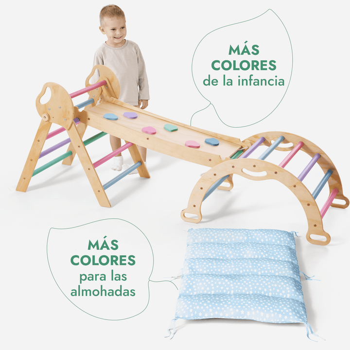 Set de Escalada 4 en 1 para Niños Pequeños: Escalera Triangular + Arco/Rocker + Tobogán/Rampa + Cojín - Pastel
