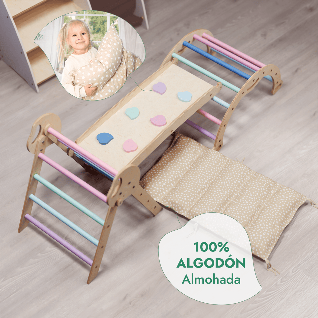 Set de Escalada 4 en 1 para Niños Pequeños: Escalera Triangular + Arco/Rocker + Tobogán/Rampa + Cojín - Pastel