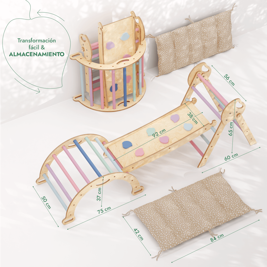 Set de Escalada 4 en 1 para Niños Pequeños: Escalera Triangular + Arco/Rocker + Tobogán/Rampa + Cojín - Pastel
