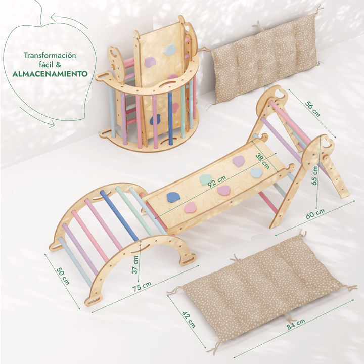 Set de Escalada 4 en 1 para Niños Pequeños: Escalera Triangular + Arco/Rocker + Tobogán/Rampa + Cojín - Pastel