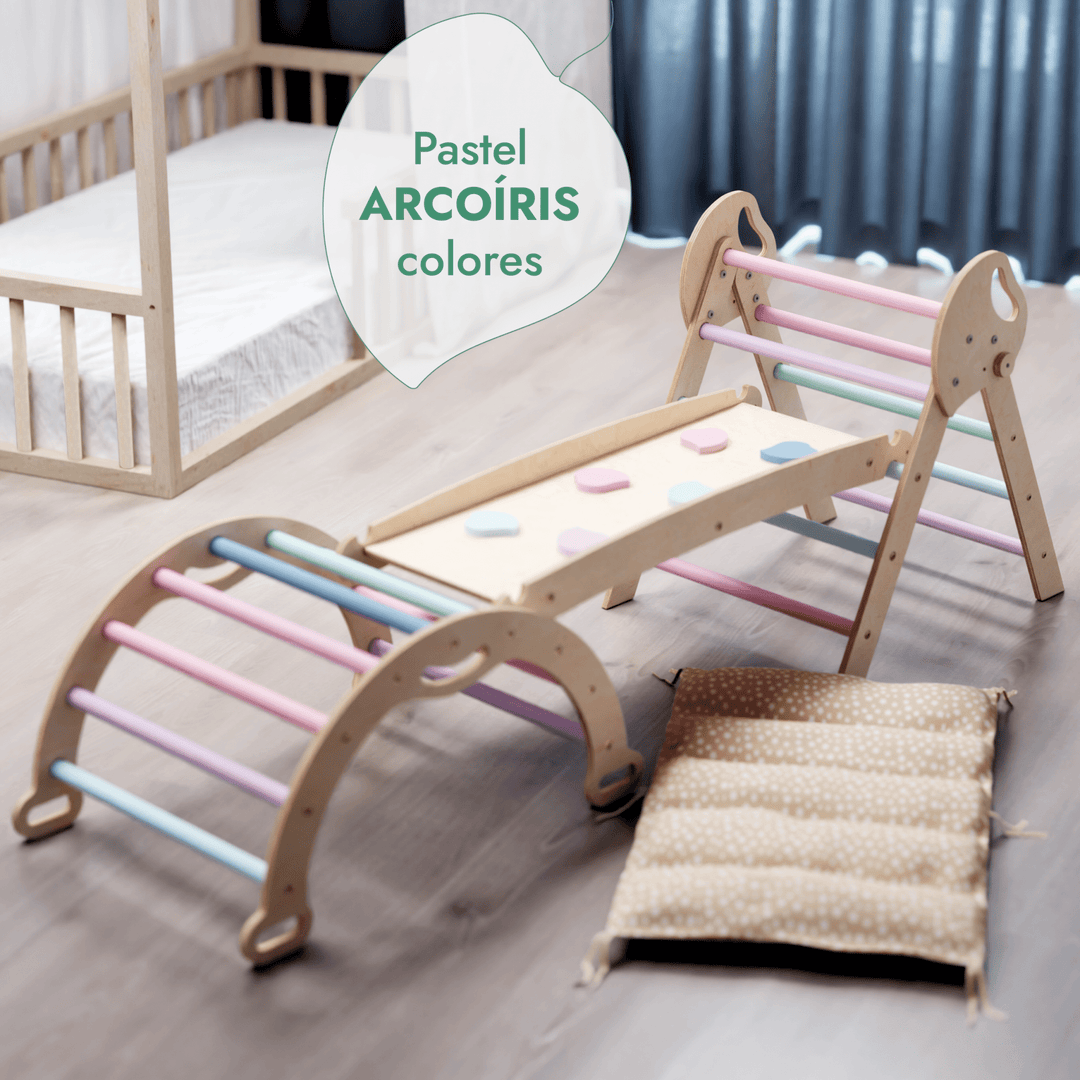 Set de Escalada 4 en 1 para Niños Pequeños: Escalera Triangular + Arco/Rocker + Tobogán/Rampa + Cojín - Pastel