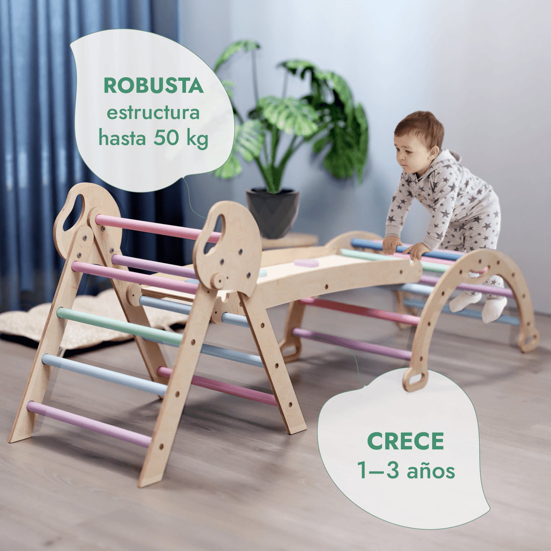 Set de Escalada 4 en 1 para Niños Pequeños: Escalera Triangular + Arco/Rocker + Tobogán/Rampa + Cojín - Pastel