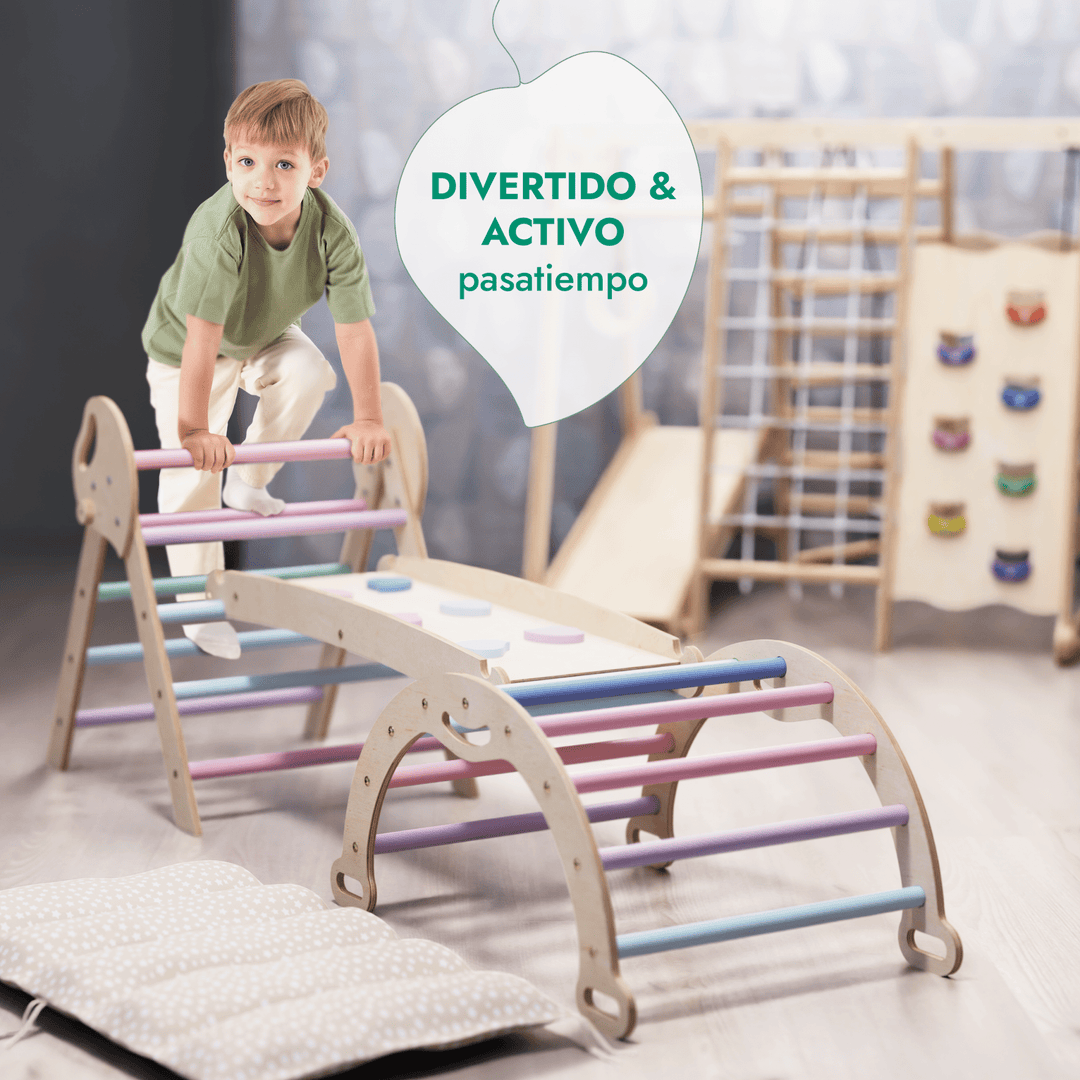 Set de Escalada 4 en 1 para Niños Pequeños: Escalera Triangular + Arco/Rocker + Tobogán/Rampa + Cojín - Pastel