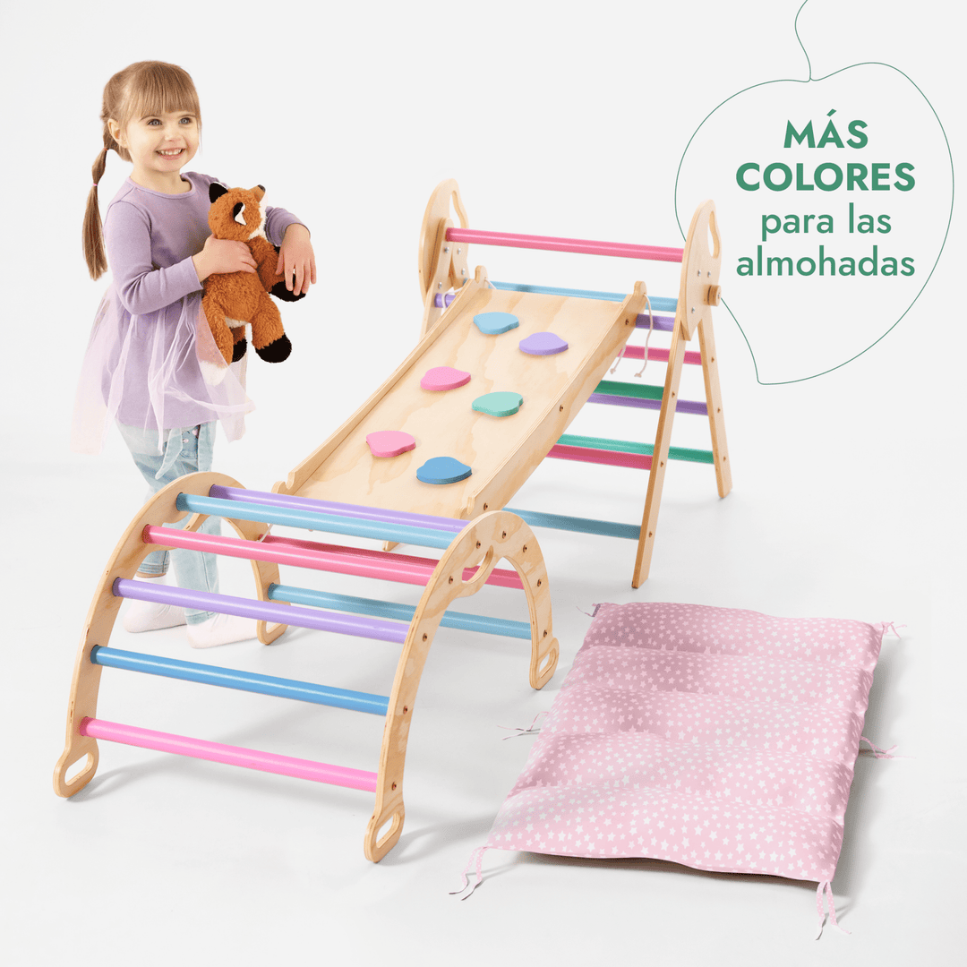 Set de Escalada 4 en 1 para Niños Pequeños: Escalera Triangular + Arco/Rocker + Tobogán/Rampa + Cojín - Pastel