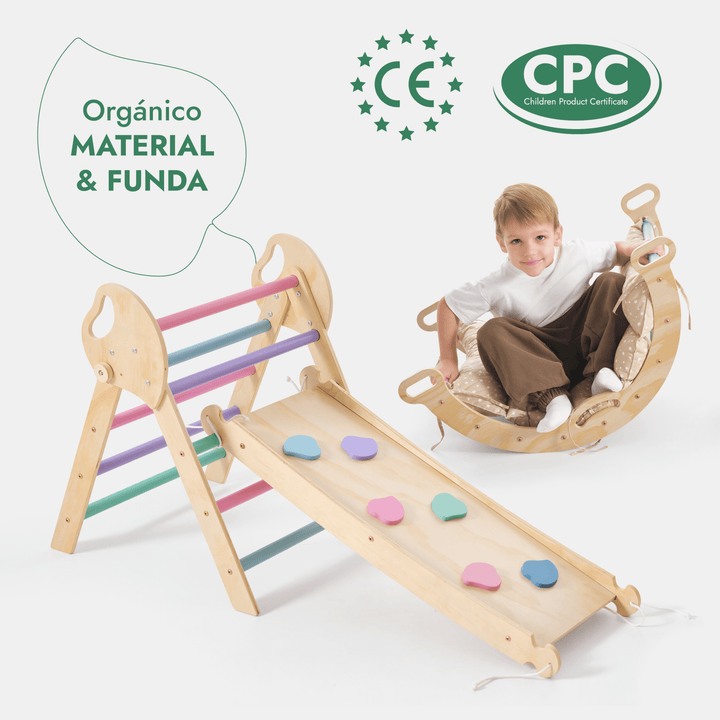 Set de Escalada 4 en 1 para Niños Pequeños: Escalera Triangular + Arco/Rocker + Tobogán/Rampa + Cojín - Pastel
