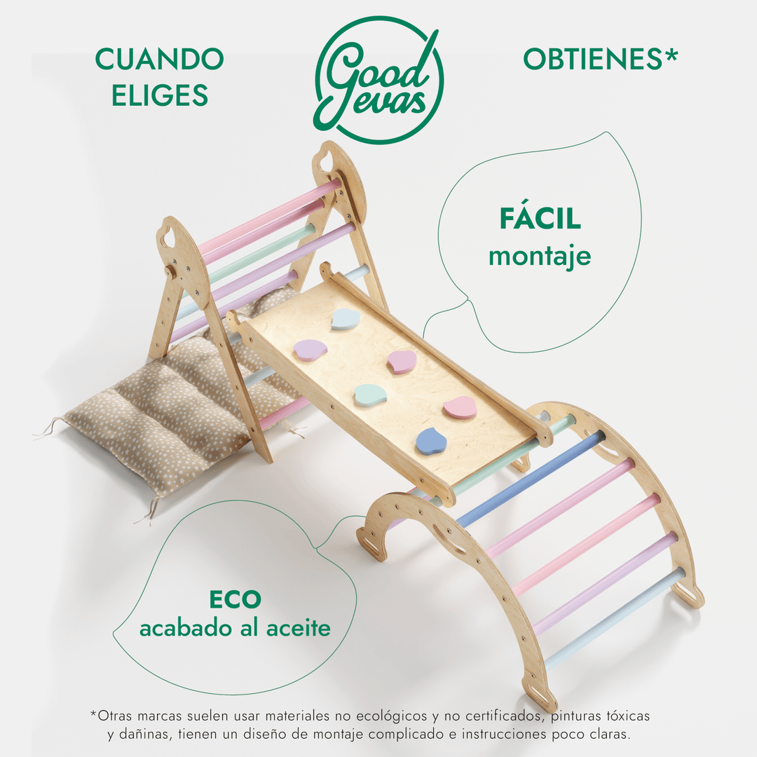 Set de Escalada 4 en 1 para Niños Pequeños: Escalera Triangular + Arco/Rocker + Tobogán/Rampa + Cojín - Pastel