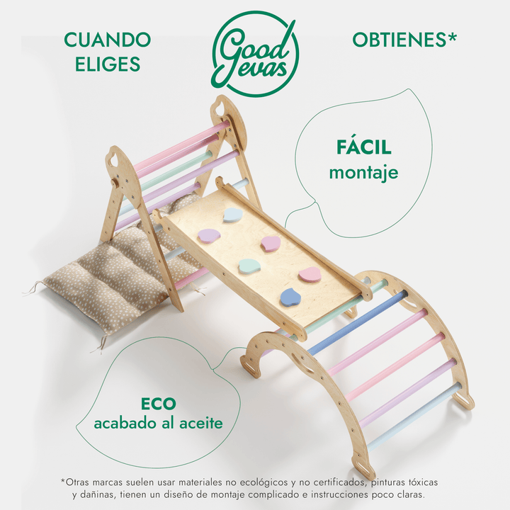 Set de Escalada 4 en 1 para Niños Pequeños: Escalera Triangular + Arco/Rocker + Tobogán/Rampa + Cojín - Pastel