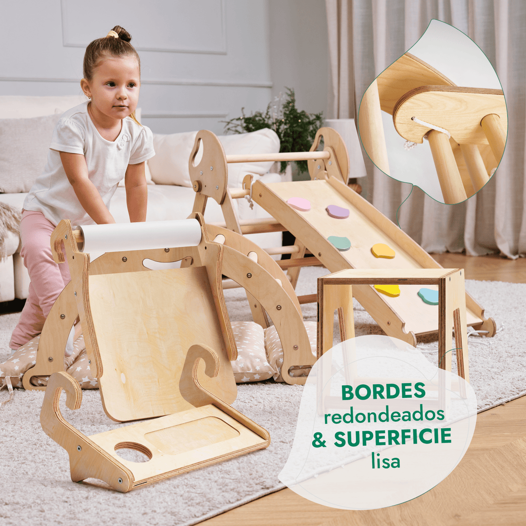Set de Escalada 5 en 1 para Niños Pequeños: Escalera Triangular + Arco/Rocker + Tobogán/Rampa + Arte Adicional + Cojín