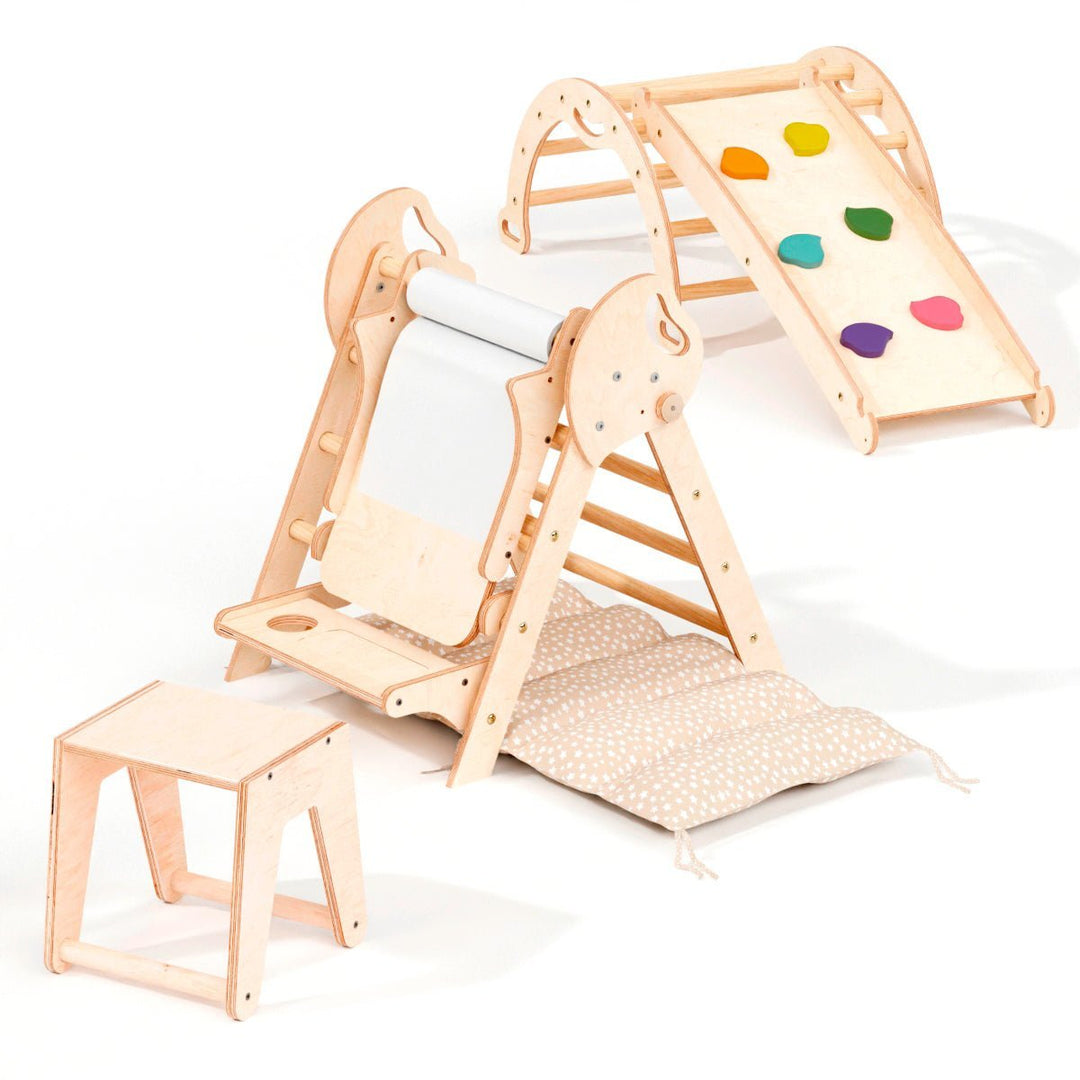 Set de Escalada 5 en 1 para Niños Pequeños: Escalera Triangular + Arco/Rocker + Tobogán/Rampa + Arte Adicional + Cojín