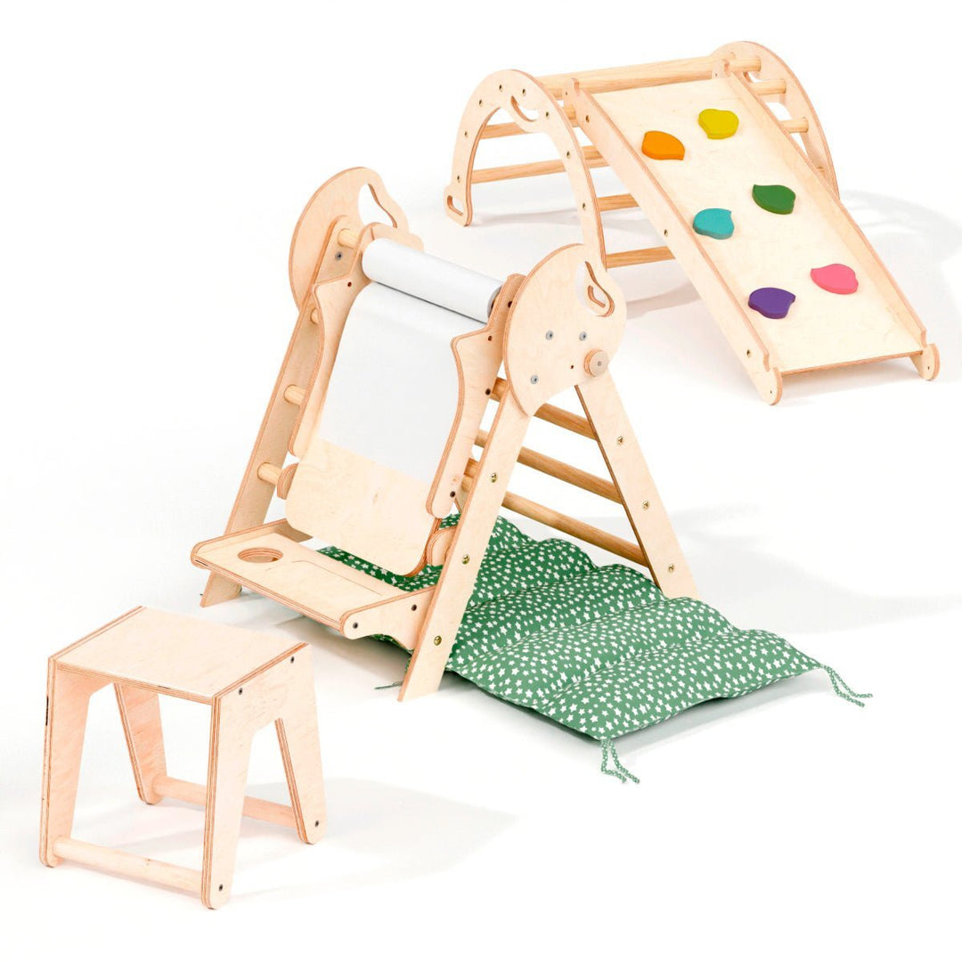 Set de Escalada 5 en 1 para Niños Pequeños: Escalera Triangular + Arco/Rocker + Tobogán/Rampa + Arte Adicional + Cojín