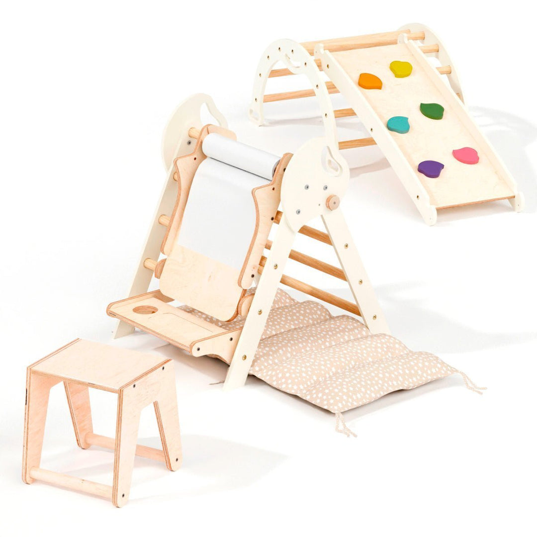 Set de Escalada 5 en 1 para Niños Pequeños: Escalera Triangular + Arco/Rocker + Tobogán/Rampa + Arte Adicional + Cojín