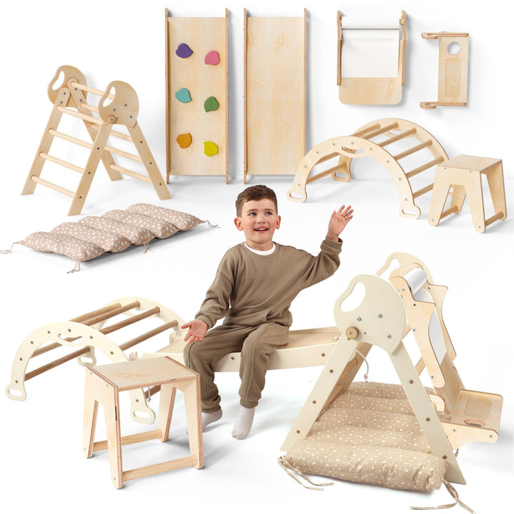 Set de Escalada 5 en 1 para Niños Pequeños: Escalera Triangular + Arco/Rocker + Tobogán/Rampa + Arte Adicional + Cojín