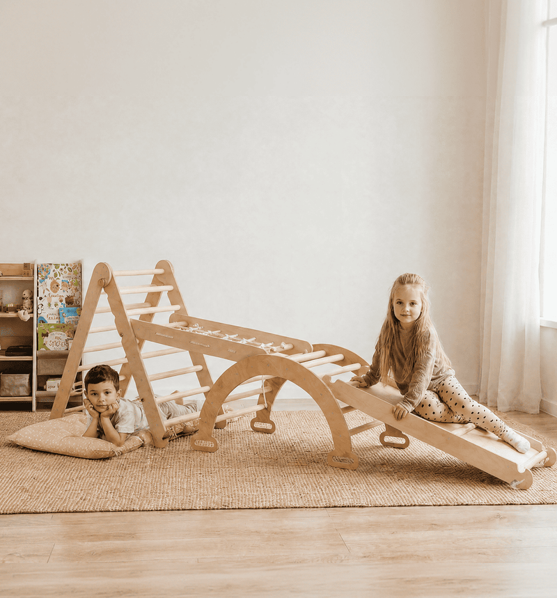 4en1 Montessori Juego de trepa: Escalera Triangular + Arco/Rocker + Tobogán/Rampa + Cojín